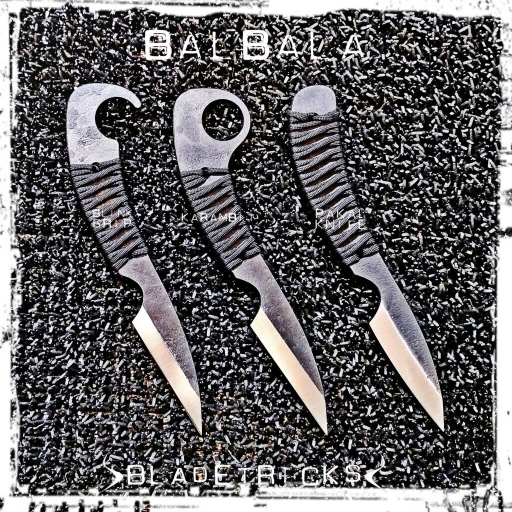 Three Bladetricks Balbala pikal knives with the same blade, shown with three different handle ends: a hooked Blink Grip, a karambit ring, and a plain handle.