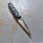 Bladetricks Custom Diplomat pikal knife with a bellied blade and a pinky choil at the base of the edge, scalloped dark handle, resting on a scratched steel surface.
